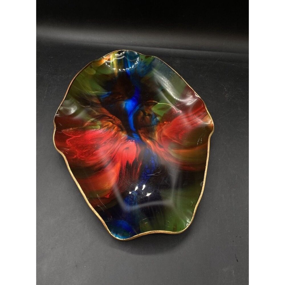 SEETUSEE Art Glass by Mayfair Ruffled Bowl Leather Backed Abstract Design MCM